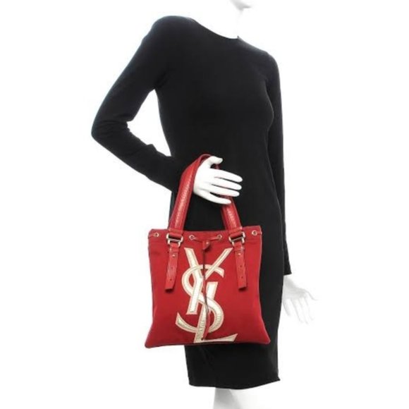 YSL Kahala Red Logo Canvas Leather Trimmed Tote - Picture 7 of 7